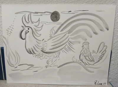 Original Watercolor Chinese Ink Painting Sumi-e Style Rooster Chickens 9x12" - Image 1 of 4