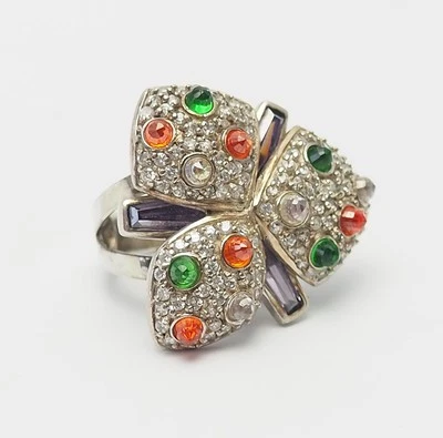 Divertimento Argento Sterling Cristalli Viola Orange Fiore Verde Cocktail Anello - Immagine 1 di 4
