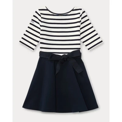 NWT Polo Ralph Lauren Kids Striped Ponte Dress 3/3T Boat Neck Bow Dress - Image 1 of 4