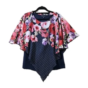 Medium  L Shawl Cape Red Blouse Top With Cami Floral Dot Red Blue Lknew Cruise  - Picture 1 of 9