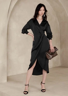 Banana Republic Black Satin Collar-Wrap Long Sleeve Midi Dress size 2 - Image 1 of 4