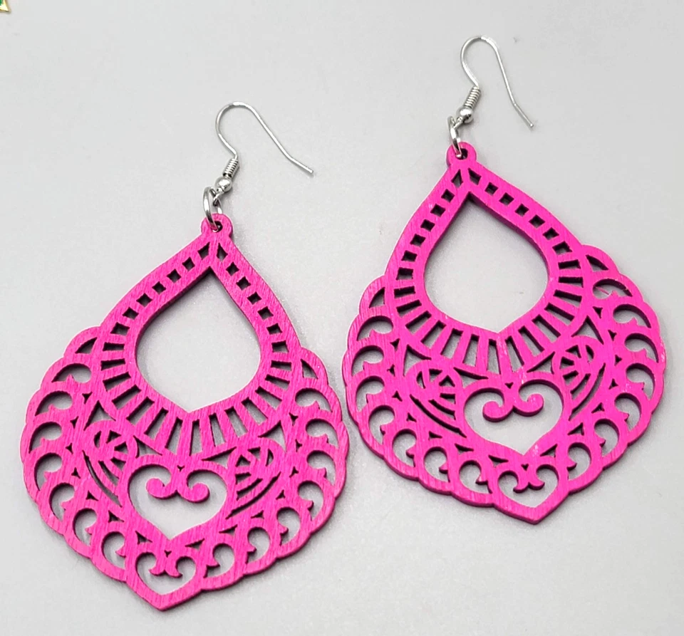 Pendientes Boho Madera Rosa Brillante Grandes Distintivos Tono Plata Cuelgan 3" Foto 1 de 4