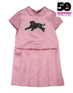 RRP €950 GUCCI Kids Silk Satin Dress 4Y Rhinestones Pink Panther Patch Collared - Picture 1 of 4