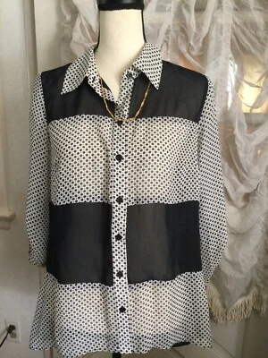 NEW Women Sheer Blouse Shirt Top size M Black Block and Polka Dots - Image 1 of 3