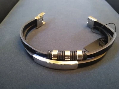 2 Strand Black PU Leather / Steel Bracelet. Be a Rockstar! ~New~ - Image 1 of 2