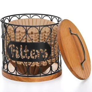 Coffee Filter Holder with Lid Wood and Metal Coffee Filter Storage Container - Picture 1 of 8