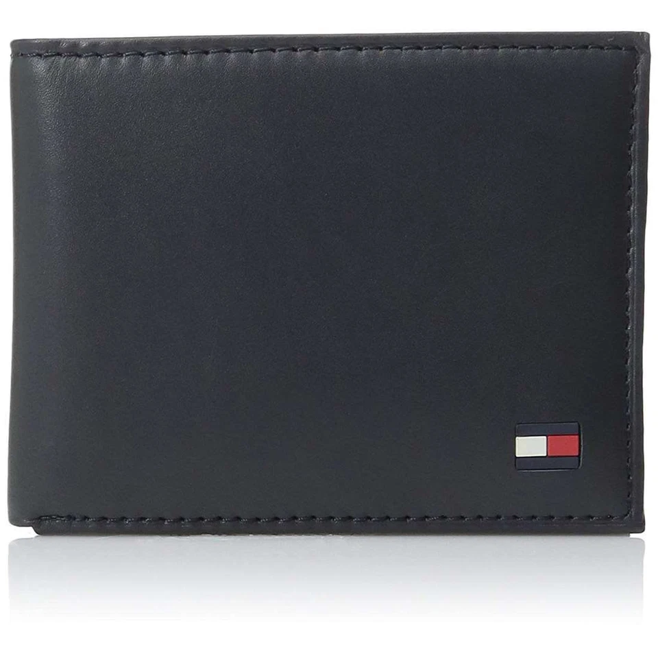 Tommy Hilfiger Men's Navy 100 Leather Passcase Billfold Wallet W/valet