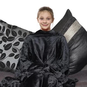 Girls Boys Unisex Black Wearable Snuggle Sleeves Blanket Super Soft Warm Fleece - Picture 1 of 9