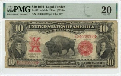 1901 $10 Legal Tender Mule Fr# 121m PMG VF20 Bison - Image 1 of 2