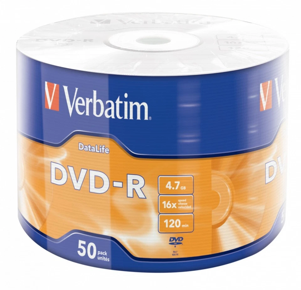 50 Genuine Verbatim 43791 DVD-R DVD Blank Recordable Discs 120 Mins 4.7GB 16x - Image 1 of 1