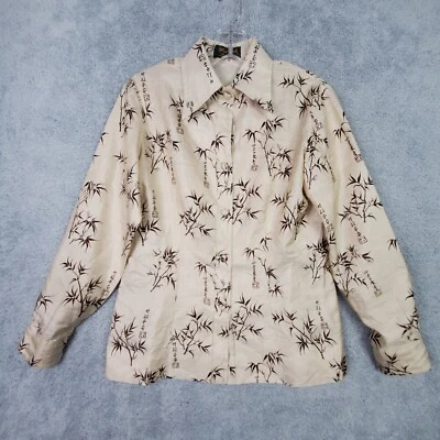 Blusa de seda feminina vintage anos 70 P M bege top estilo asiático gola pontiaguda estampa bambu - Imagem 1 de 4