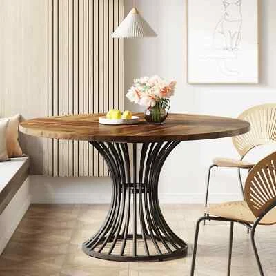 Dining Table Round Wood Top Metal Base Farmhouse Industrial Kitchen Dining Rooms - Image 1 of 4