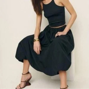 REFORMATION CASSANDRA MIDI BUBBLE HEM DRAWSTRING ORGANIC COTTON SKIRT BLACK SZ S - Picture 1 of 11