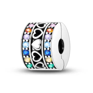 MULA Colorful Heart DIY Charm Clip AAA CZ Fit Women Bracelet 925 Sterling Silver - Picture 1 of 5