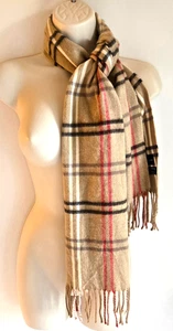 Macy's Cejon superweicher italienischer hellbrauner camel karierter Fransenschal Nova Check Look gebraucht, in einwandfreiem Zustand - Bild 1 von 8