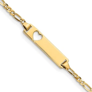 14k Yellow Gold Solid Figaro Link Cut-out Heart 21.4x5.4mm Plate ID Bracelet 6" - Picture 1 of 4