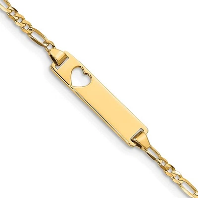 14k Yellow Gold Solid Figaro Link Cut-out Heart 21.4x5.4mm Plate ID Bracelet 6" - Image 1 of 4