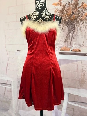 Secret Treasures Women’s Red Velvet White Feather Christmas Santa Night Dress M - Image 1 of 4