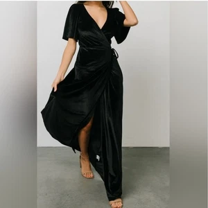 Baltic Born NWOT Katelyn Velvet Maxi Dress Black Wrap Flutter Sleeve Gown XS - Picture 1 of 12