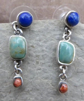 Vintage Barse Blue Turquoise Lapis Dangle Sterling Silver Post Earrings #1151 - Image 1 of 4