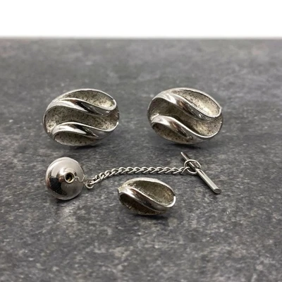 Vintage ANSON Sterling Silver Cufflinks & Tie Tack Oval Modernist Style - Image 1 of 4