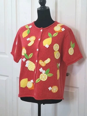 Susan Bristol Cotton Sweater Embellished Fruit Button-up S/S Vtg Cardigan Large - Image 1 of 4