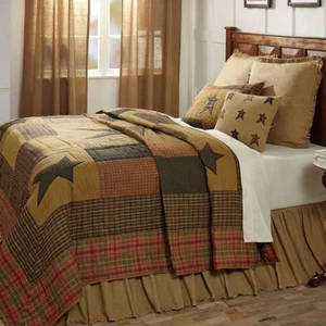 Twin Quilt Hand Stitched Country Star Plaid Patchwork Red Khaki & Green Stratton - Picture 1 of 9