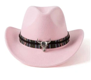 Light Pink Western Cowboy, Cowgirl Hat, Bull Strap, Women Retro Wide Brim - Picture 1 of 5