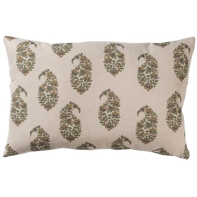 Kashmir Paisley Linen Blend XL Rectangular Cushion. Green and Brown. 23x15" XL - Image 1 of 4