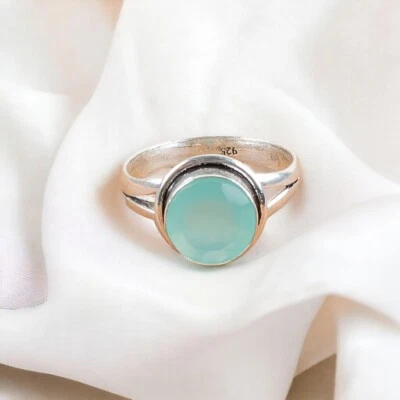 Anel feminino de pedra preciosa natural calcedônia aquática prata esterlina 925 presente - Imagem 1 de 4