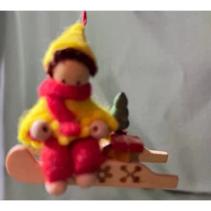 Handmade Vintage Child Sledding Felt Wood Gifts Christmas Ornament Yellow - Picture 1 of 5