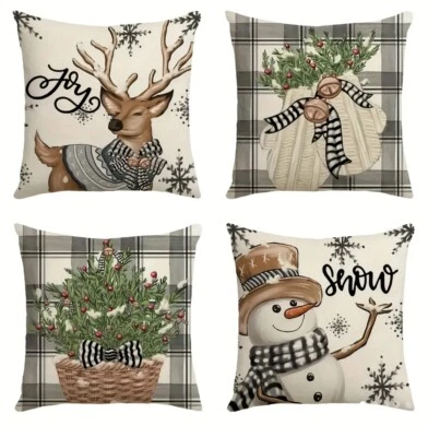 4pcs Christmas Tree Snowman Elk Santa Pillow Case Winter - Image 1 of 4
