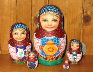 Russian Nesting Dolls Matryoshka Genuine 5 Girls SOKIRKINA Small Tea Set - Picture 1 of 8