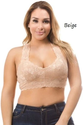Bralette Anémona Beige Encaje Escote Corazón con Espalda Corredora Talla Grande Foto 1 de 3