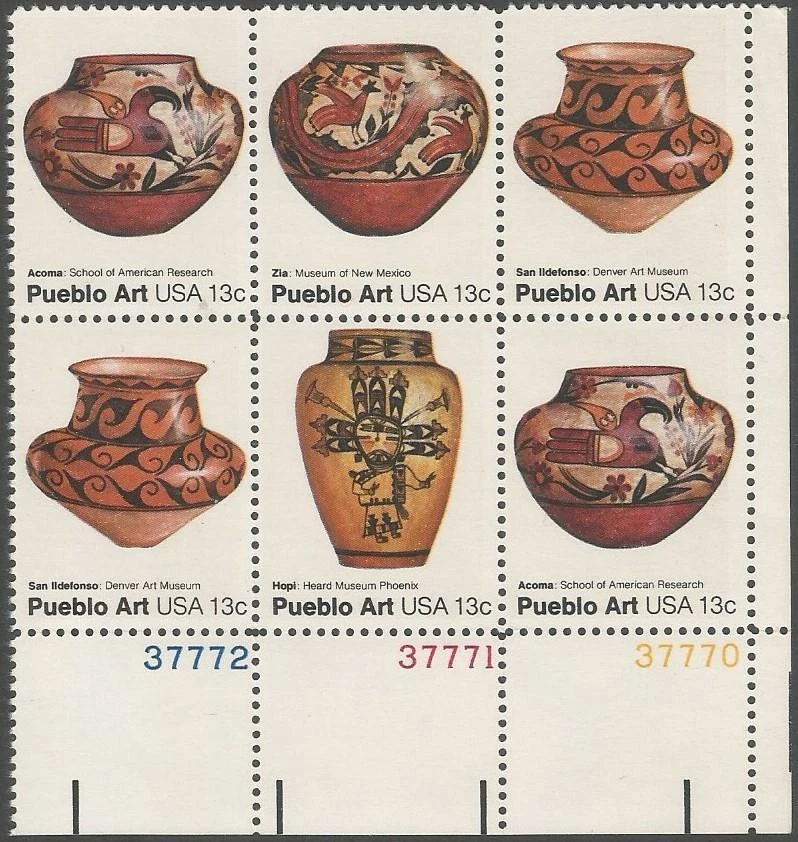 Plate Block of 6 stamps - Scott 1706-1709 - 13 cent - Pueblo Art - 1977 - MNH - Image 1 of 1