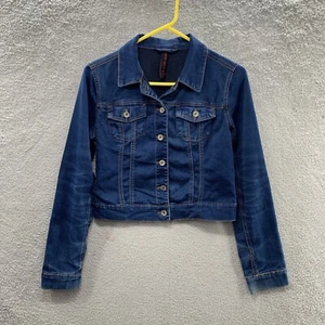 Almost Famous Women’s Dark Wash Blue Adjustable Waist Denim Jeans Jacket Size M - Picture 1 of 17