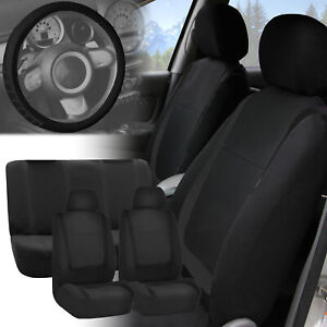 Car Seat Covers for Auto Black Black Full Set w/Black Leather Steering Cover
