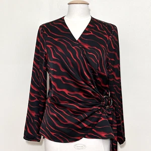 VTG Office Siren Womens Top 0X 12W Black Red Zebra Faux Wrap Belt Tie Retro Y2K - Picture 1 of 15