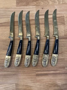 "Juego vintage de 6 cuchillos Buda de madera de latón Siam de 8""" - Imagen 1 de 6