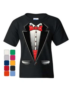 Funny Tuxedo Bow Tie Youth T-Shirt Tux Wedding Party Tee - Picture 1 of 8