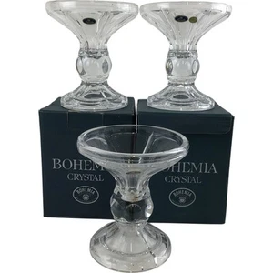 Bohemia Crystal Candle Holders Set of 3 Elegant Glass Design 2 Boxed 1 Unboxed - Picture 1 of 11