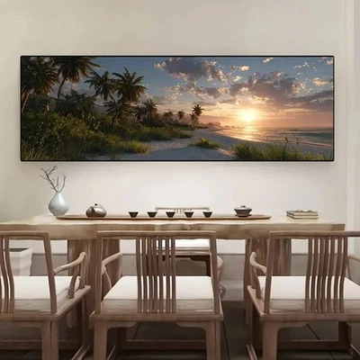 Panoramic Tropical Beach with Palm Trees Canvas Print Wall Art Home Decor - Image 1 of 4