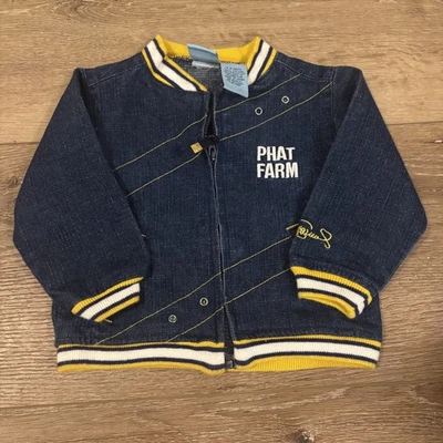 Chaqueta vaquera vintage Y2K Phat Farm para niños talla 6-9 m azul amarillo cremallera logotipo bolsillos Foto 1 de 4