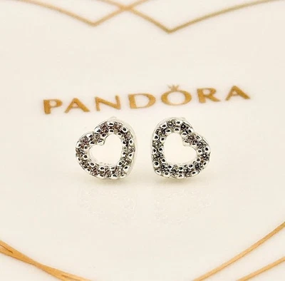 New Genuine Authentic Pandora Silver Sparkling Open Heart Stud Earrings 290528CZ - Image 1 of 4