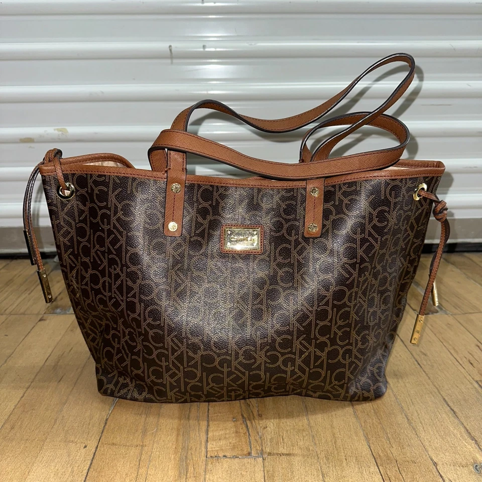 Calvin Klein Tote Bag Women's Brown Beige Embossed Monogram Dual Top Handle - Image 1 of 4