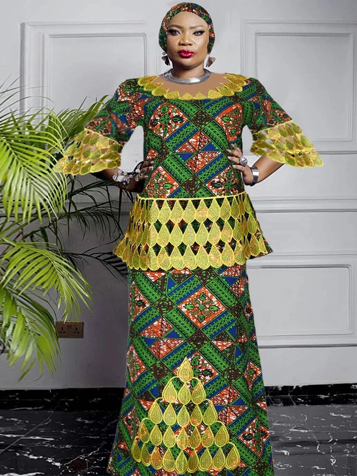 Plus Size African Print Wax Dress Traditional Gown Tops Skirt Two Piece Set  - Image 1 of 4