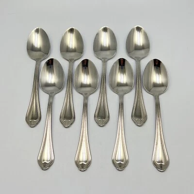 Beaded Handle 18/10 Stainless Soup Spoon Flatware Glossy China 7 1/8 8Pc Set - Image 1 of 4