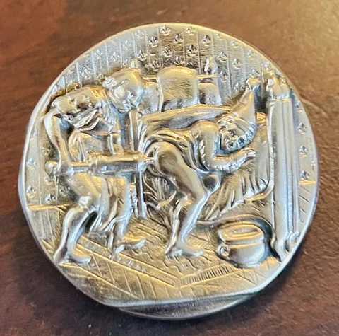 Ex Rare Antique French Humor Clyster Silver Plated Button, 1880s/1890s Cover