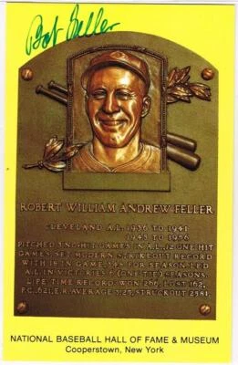025, Original Autograph PSA/DNA of Bob Feller (5), HOF Plaque Postcard, Indians - Image 1 of 3