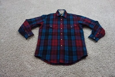 Vintage Eddie Bauer Shirt Mens Medium Blue Button Up Plaid Double Pockets Wool - Image 1 of 4